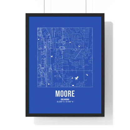Moore Street Map Framed Print, White on Royal Blue