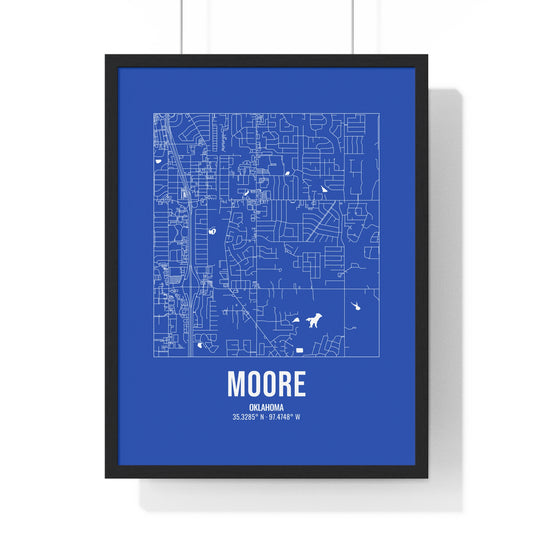 Moore Street Map Framed Print, White on Royal Blue