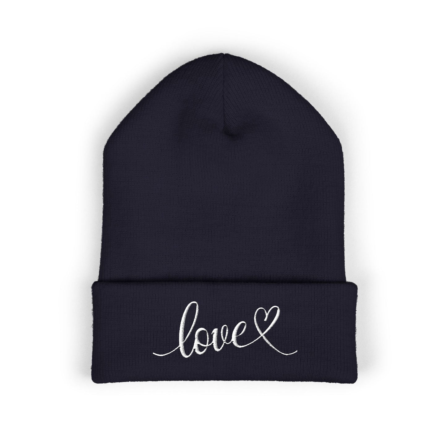 Embroidered Love Cuffed Beanie Cozy Knit Hat with Heart Script