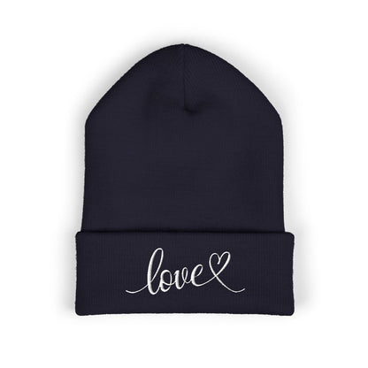Embroidered Love Cuffed Beanie Cozy Knit Hat with Heart Script