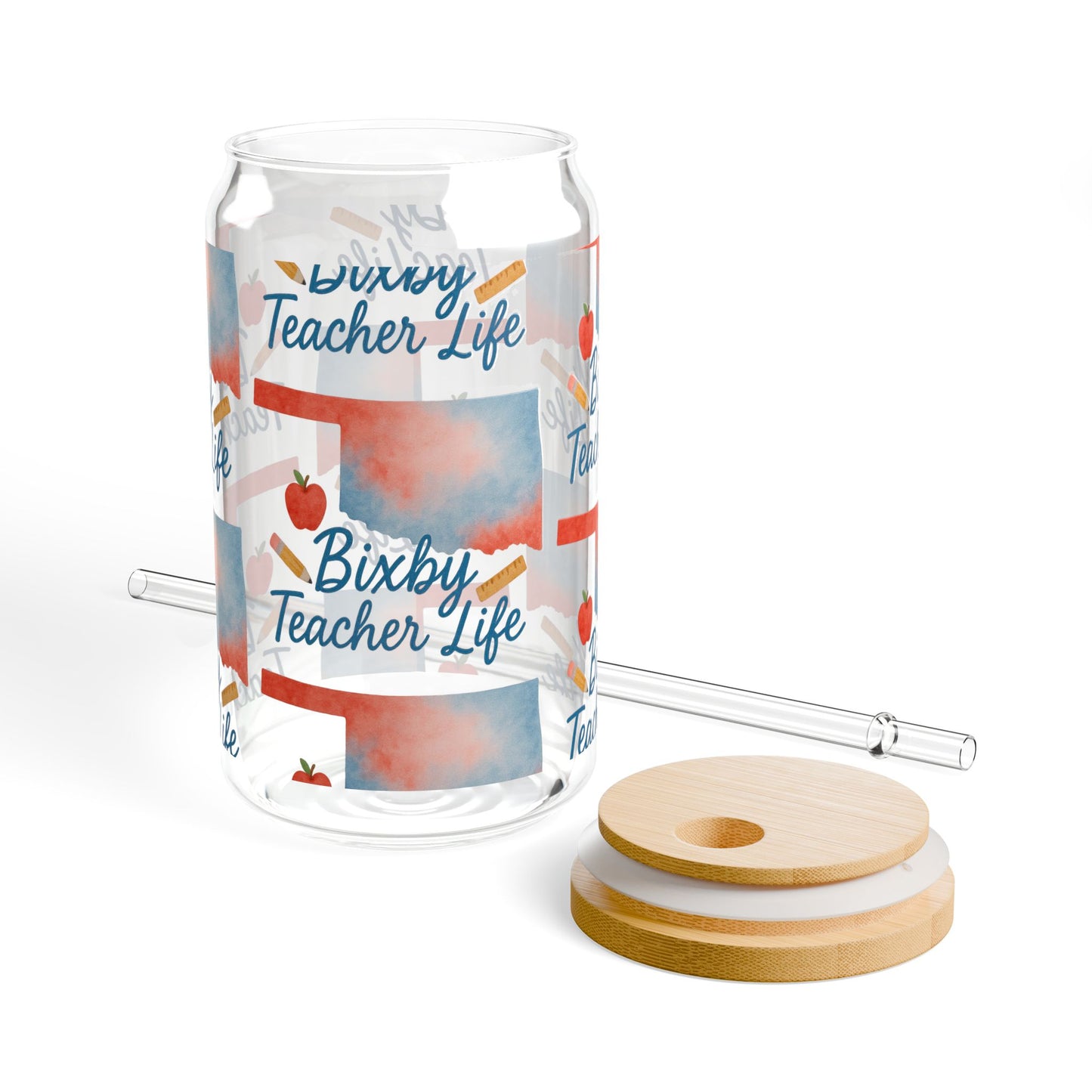 Teacher Life Bixby OK Watercolor 16 Ounce Sipper Glass