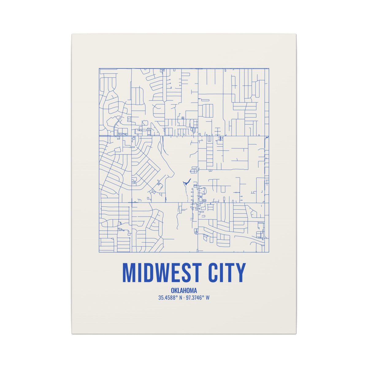 Midwest City Street Map Canvas, Royal Blue on Cream