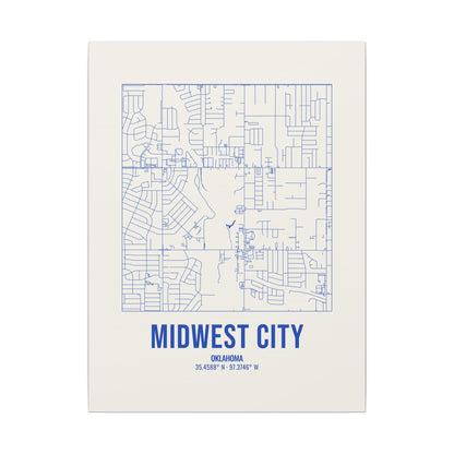 Midwest City Street Map Canvas, Royal Blue on Cream
