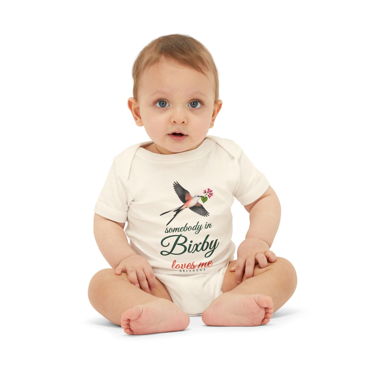 Somebody in Bixby Loves Me Baby Bodysuit, White, worn on baby
