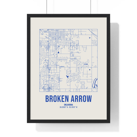 Broken Arrow Street Map Framed Print, Royal Blue on Cream