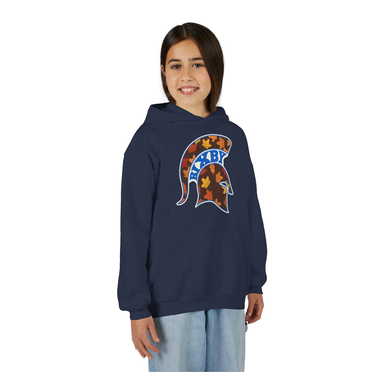 Bixby Spartans Fall Leaves Helmet Youth Hoodie – Kids Autumn Game Day Hoodie