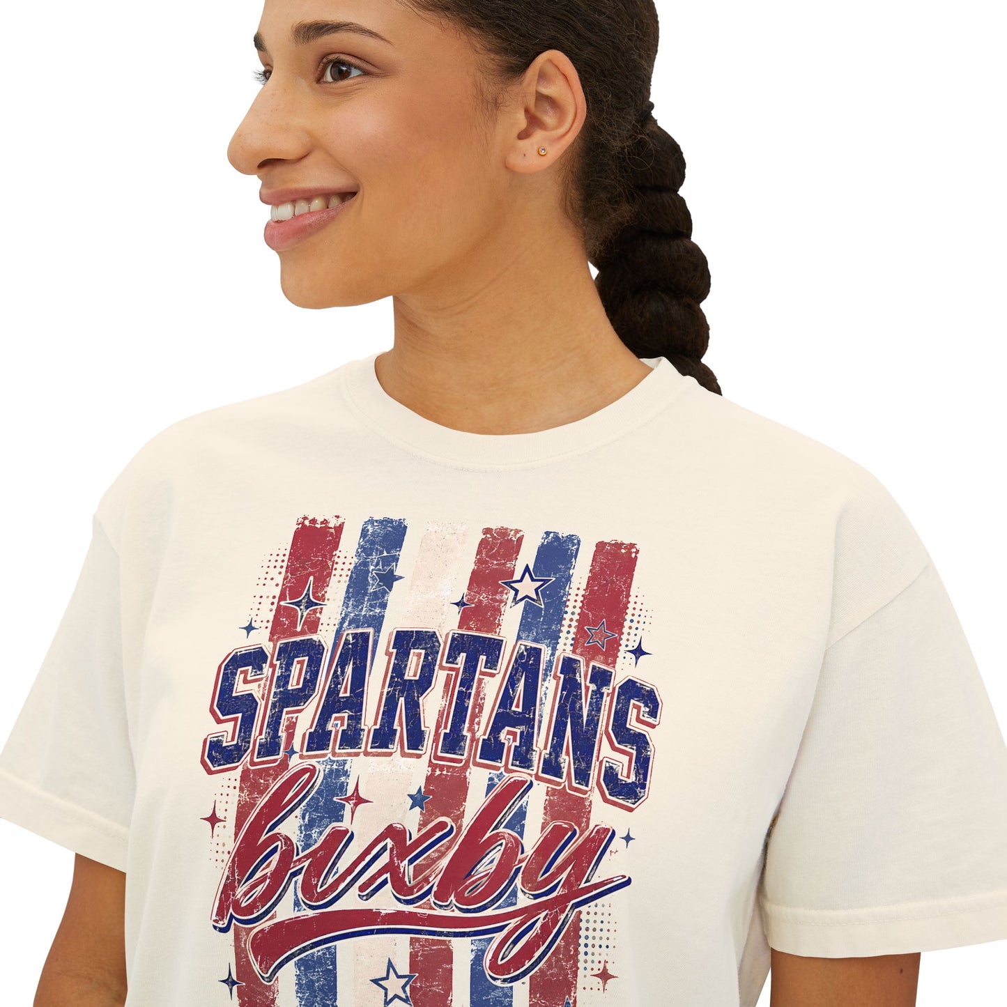Spartans Lucky Women's Boxy Tee Vintage Red & Blue Patriot Stripes