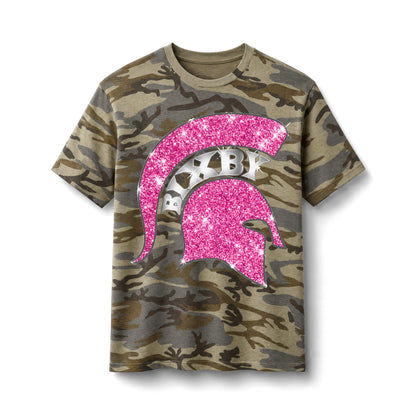 Camo Tee with Pink Glitter Spartan Helmet – Girls' Glitter Camo Shirt