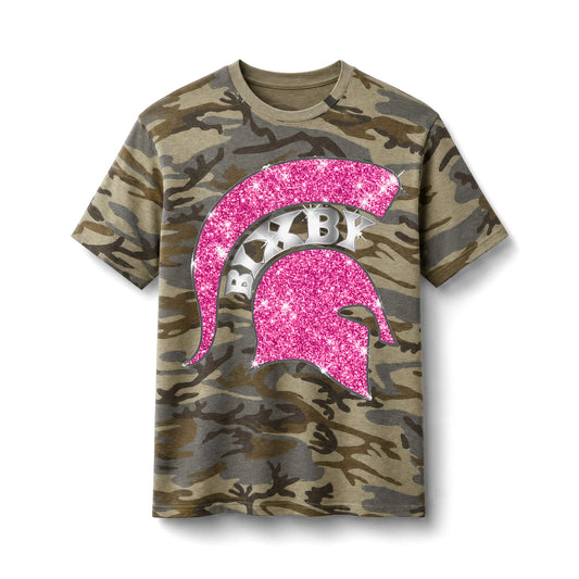 Camo Tee with Pink Glitter Spartan Helmet – Girls' Glitter Camo Shirt