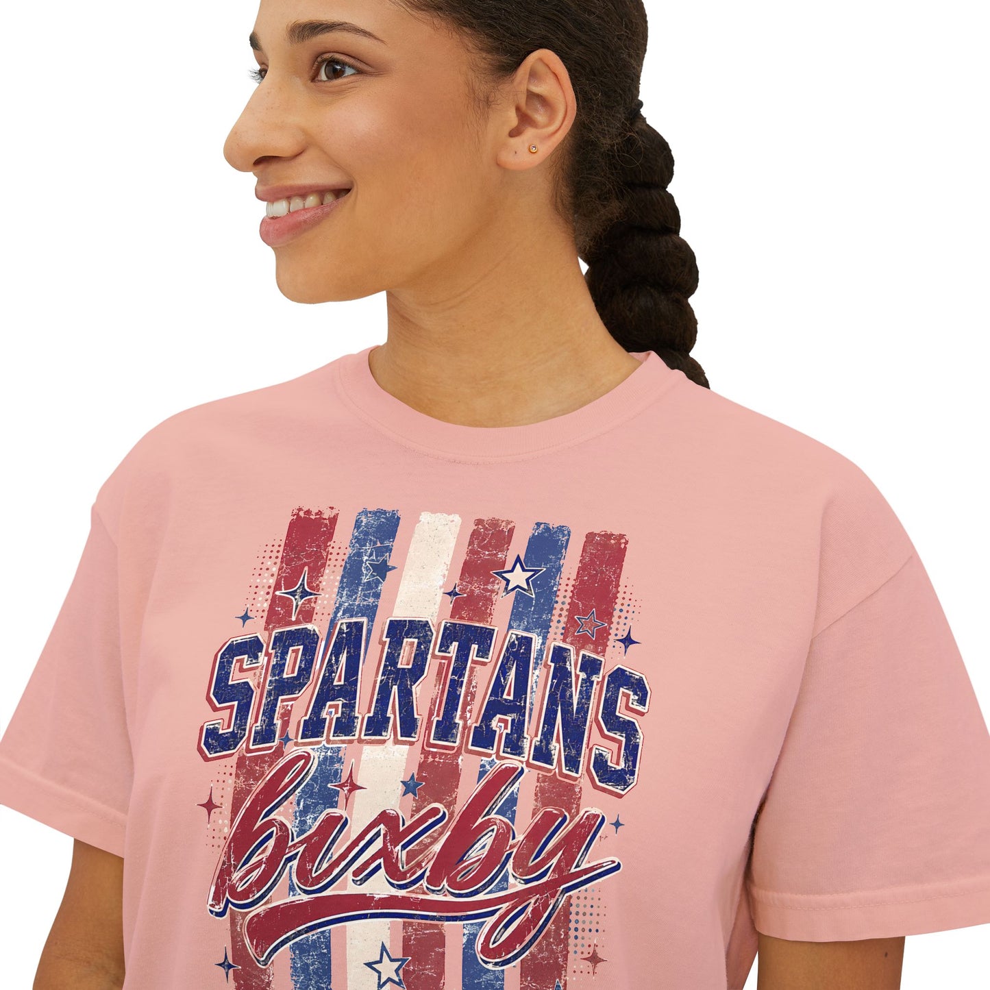 Spartans Lucky Women's Boxy Tee Vintage Red & Blue Patriot Stripes
