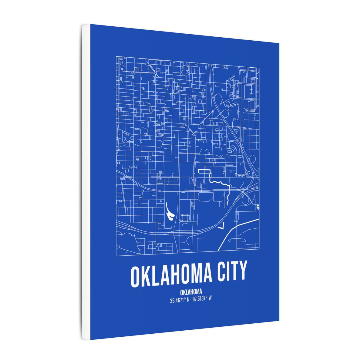 Oklahoma City Street Map Canvas, White on Royal Blue