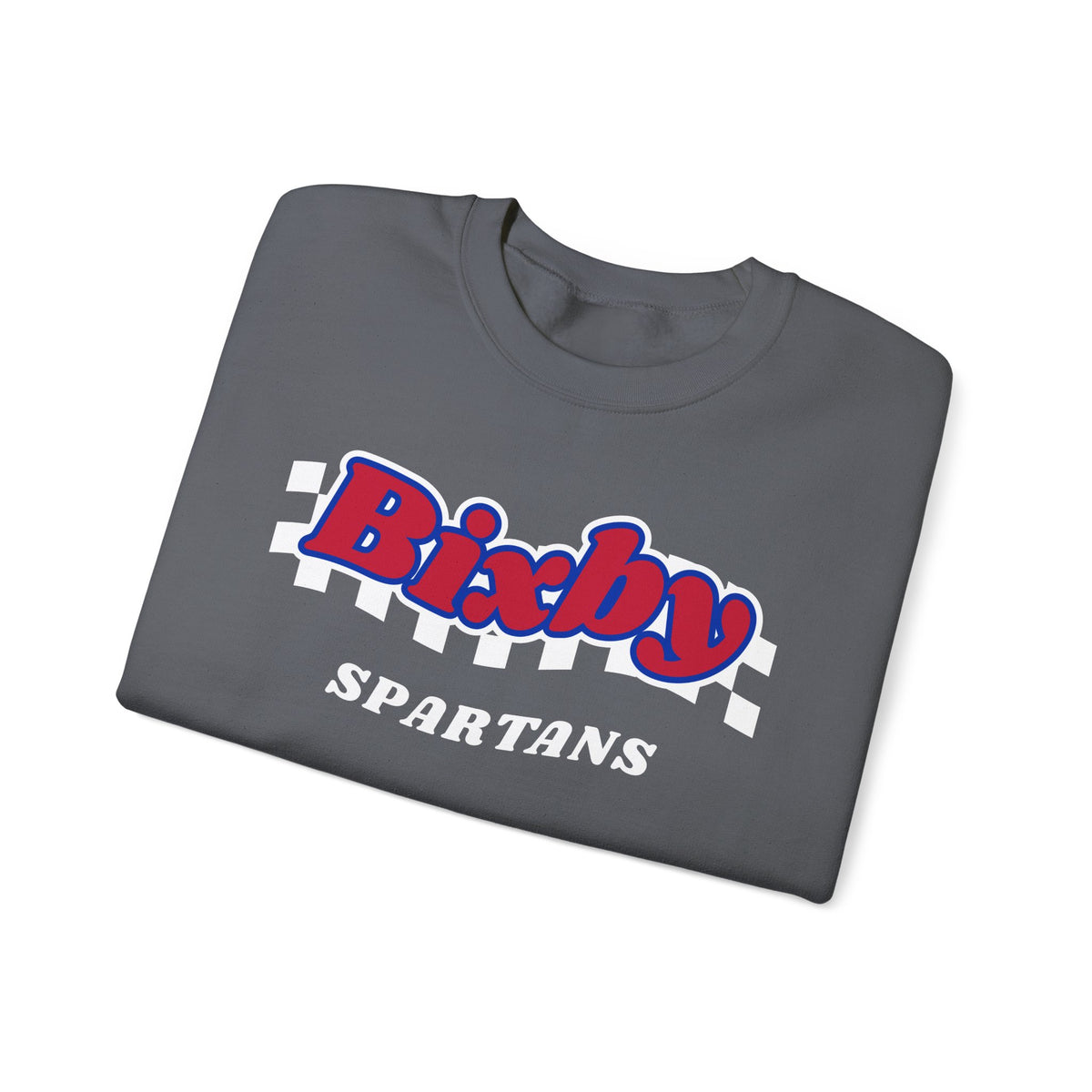 Bixby Spartans Retro Script Checkered Sweatshirt – Red, White & Blue Game Day Crewneck