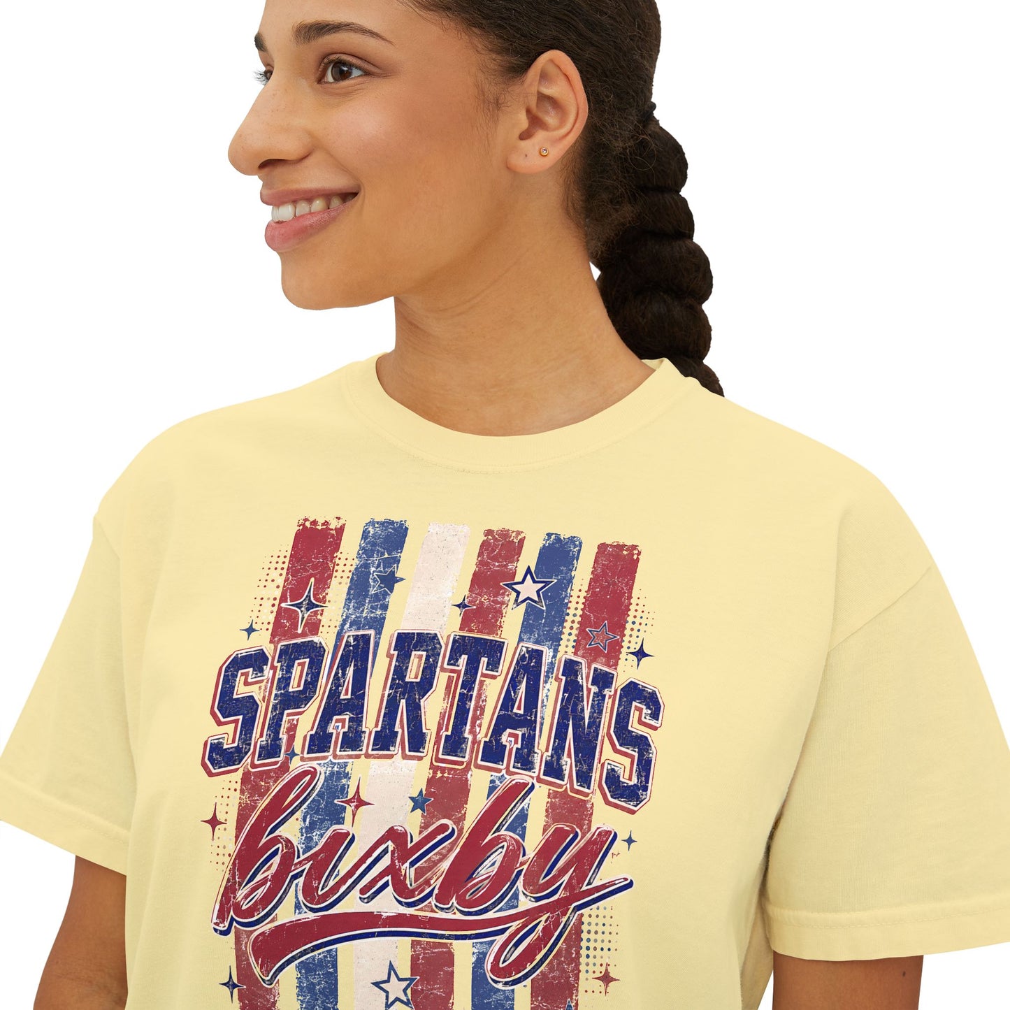 Spartans Lucky Women's Boxy Tee Vintage Red & Blue Patriot Stripes