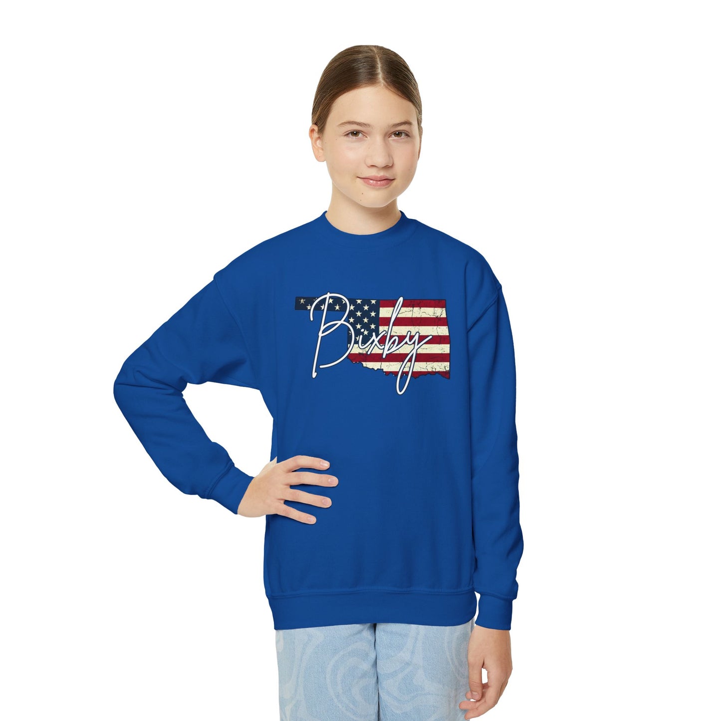 Oklahoma Flag Bixby Script Youth Gildan Sweatshirt