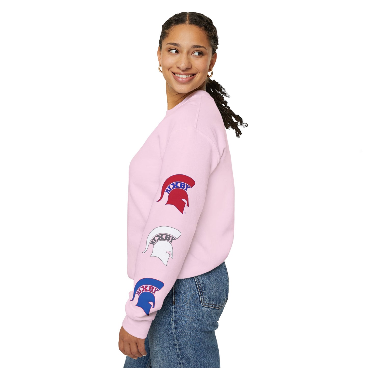 Spartan Logo Red White & Blue Gildan Sleeve Print Sweatshirt