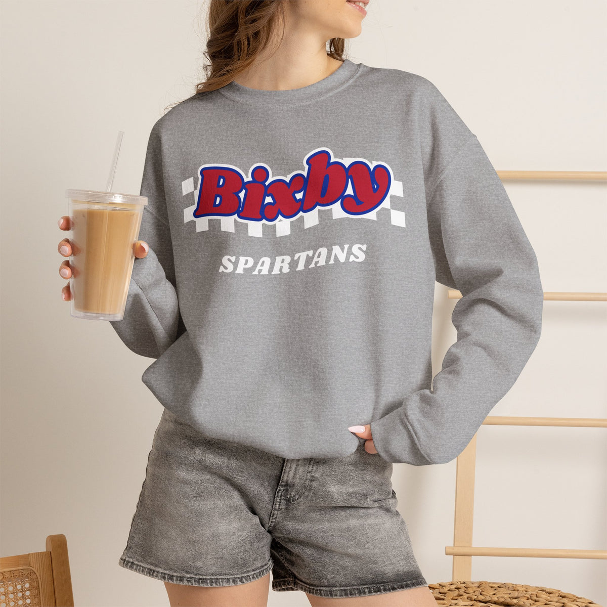 Bixby Spartans Retro Script Checkered Sweatshirt – Red, White & Blue Game Day Crewneck