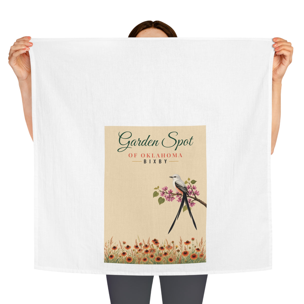Bixby Oklahoma Tea Towel | Scissortail and Wildflower Flour Sack | Garden Spot Hostess Gift