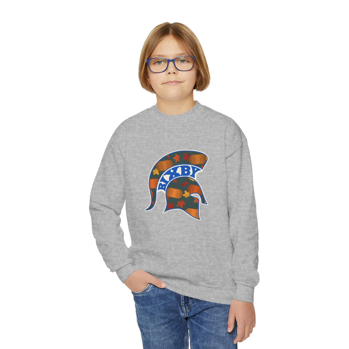 Bixby Spartans Pumpkin Patch Helmet Youth Sweatshirt – Kids Fall Crewneck