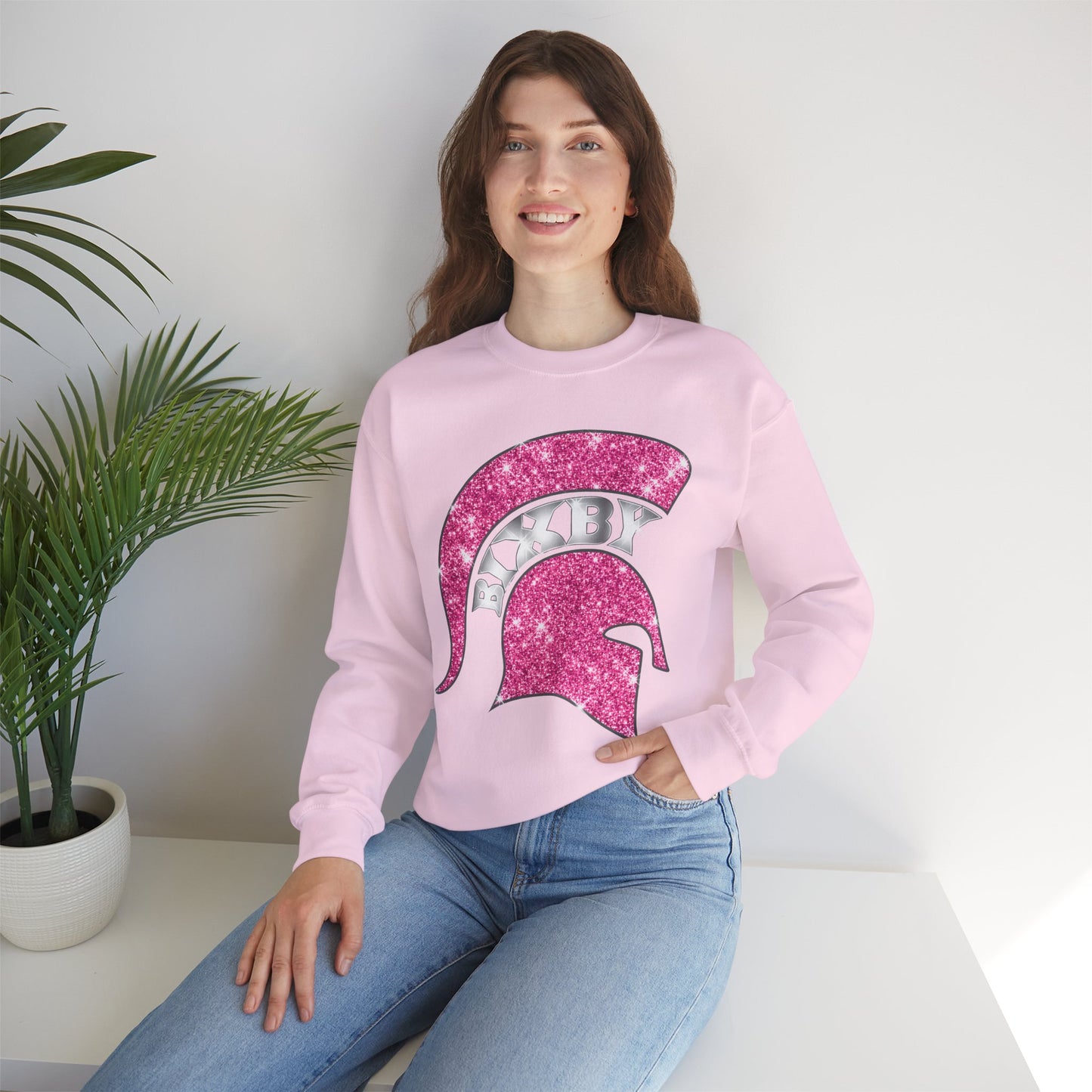 Bixby Spartan Pink Helmet Bling Gildan Sweatshirt