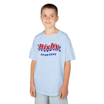 Bixby Spartans Retro Blue Checkered Script Youth Tee – Kids Vintage Game Day Shirt