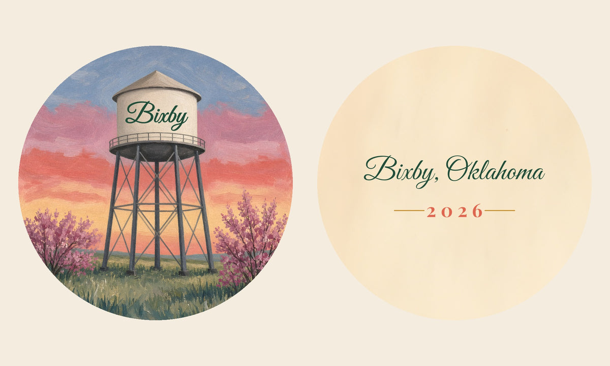 Bixby Oklahoma Prairie Water Tower Ornament, front and reverse flat