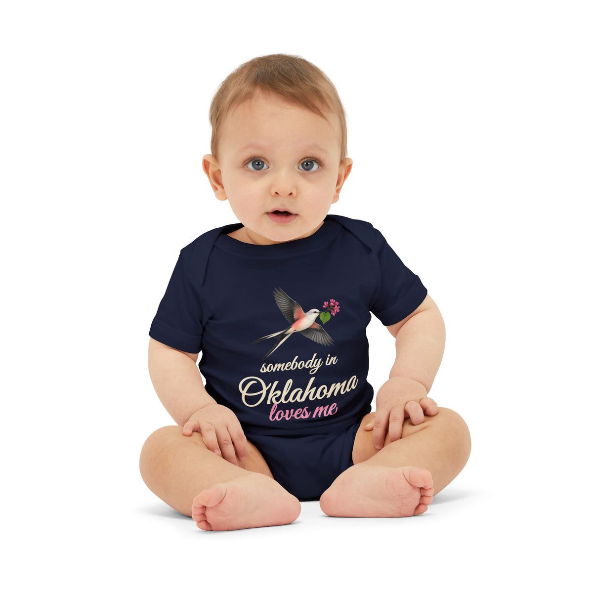 Somebody in Oklahoma Loves Me Baby Bodysuit, Navy, worn on baby