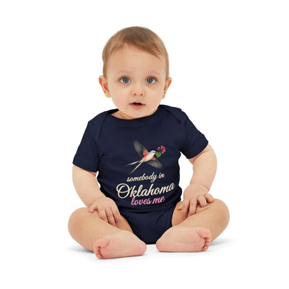 Somebody in Oklahoma Loves Me Baby Bodysuit, Navy, worn on baby