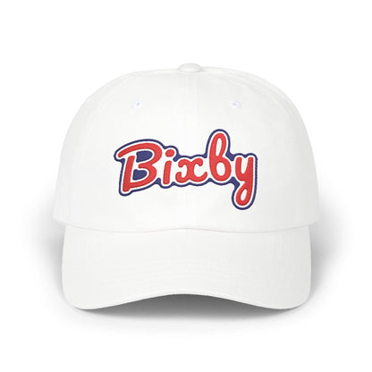 Embroidered "Bixby" Classic Dad Cap — White Retro Script Baseball Hat