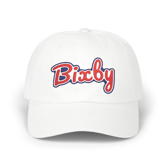 Embroidered "Bixby" Classic Dad Cap — White Retro Script Baseball Hat
