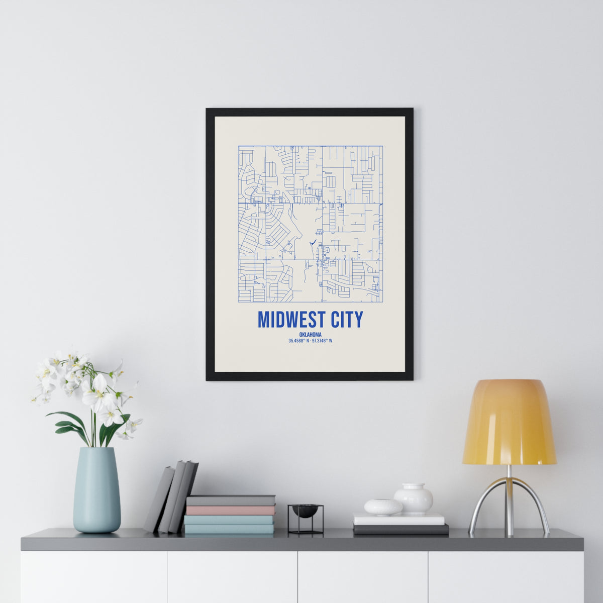 Midwest City Street Map Framed Print, Royal Blue on Cream