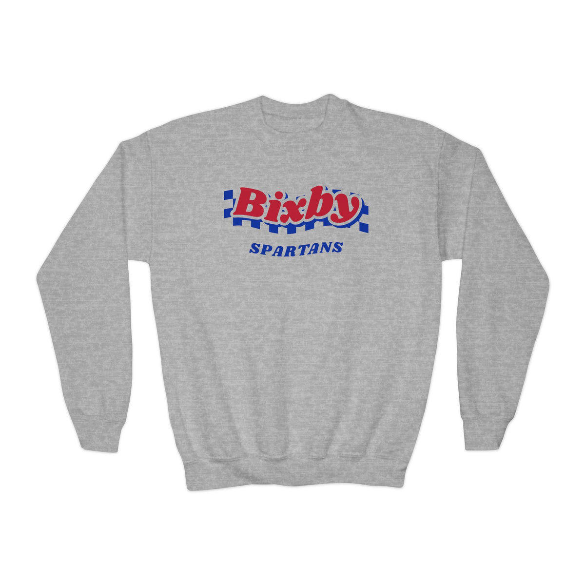 Bixby Spartans Retro Blue Checkered Script Youth Sweatshirt – Kids Vintage Crewneck
