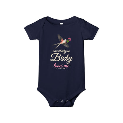Somebody in Bixby Loves Me Baby Bodysuit, Navy, front view