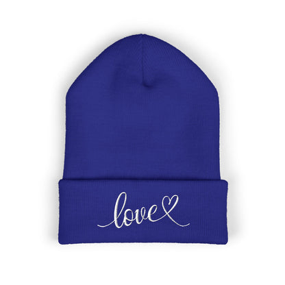 Embroidered Love Cuffed Beanie Cozy Knit Hat with Heart Script