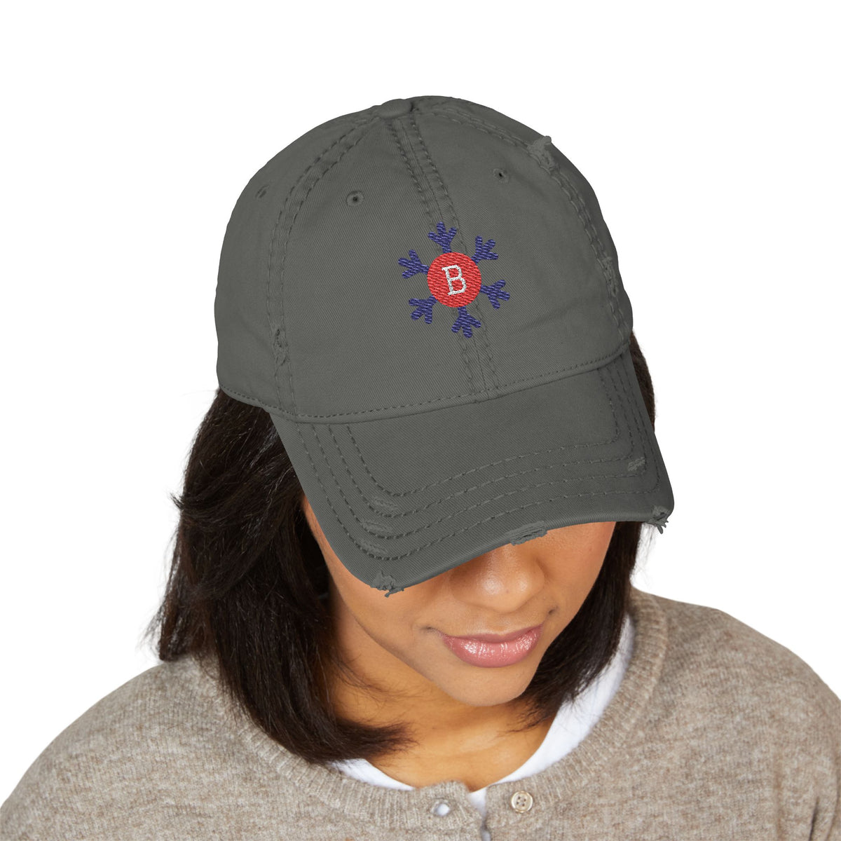 Bixby Spartans Snowflake B Distressed Dad Hat, Winter Embroidered