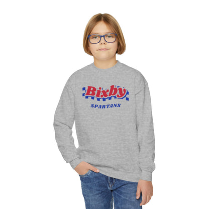 Bixby Spartans Retro Blue Checkered Script Youth Sweatshirt – Kids Vintage Crewneck