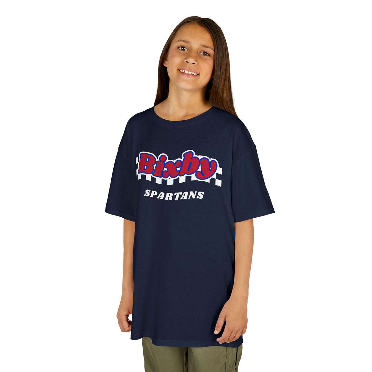 Bixby Spartans Retro Script Checkered Youth Tee – Kids Red, White & Blue Game Day Shirt
