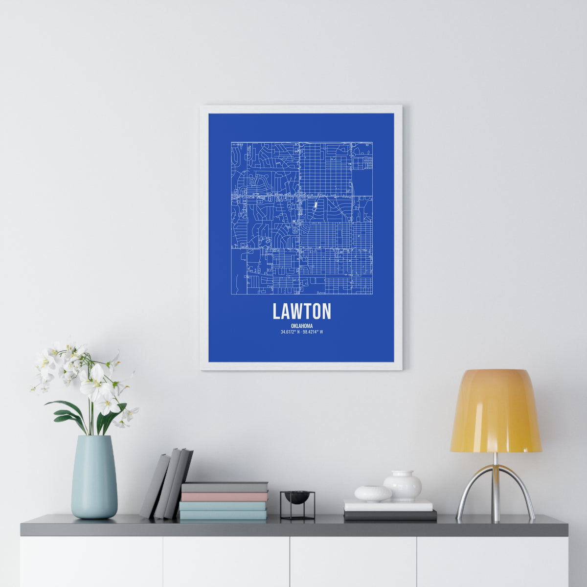 Lawton Street Map Framed Print, White on Royal Blue