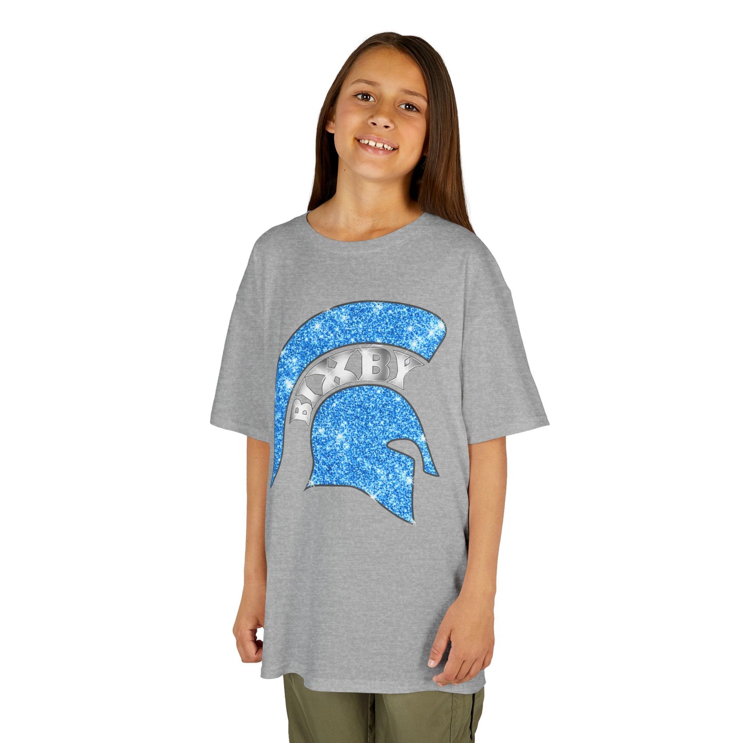 Bixby Spartan Blue Helmet Bling Youth Gildan Tee