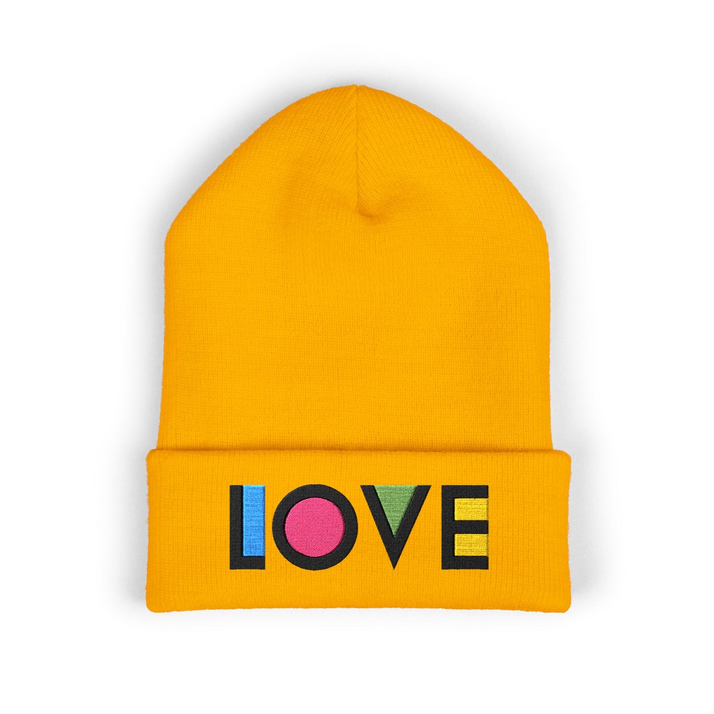 LOVE Embroidered Cuffed Beanie — Colorful Retro Knit Hat for Pride & Everyday Wear