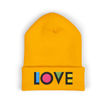 LOVE Embroidered Cuffed Beanie — Colorful Retro Knit Hat for Pride & Everyday Wear