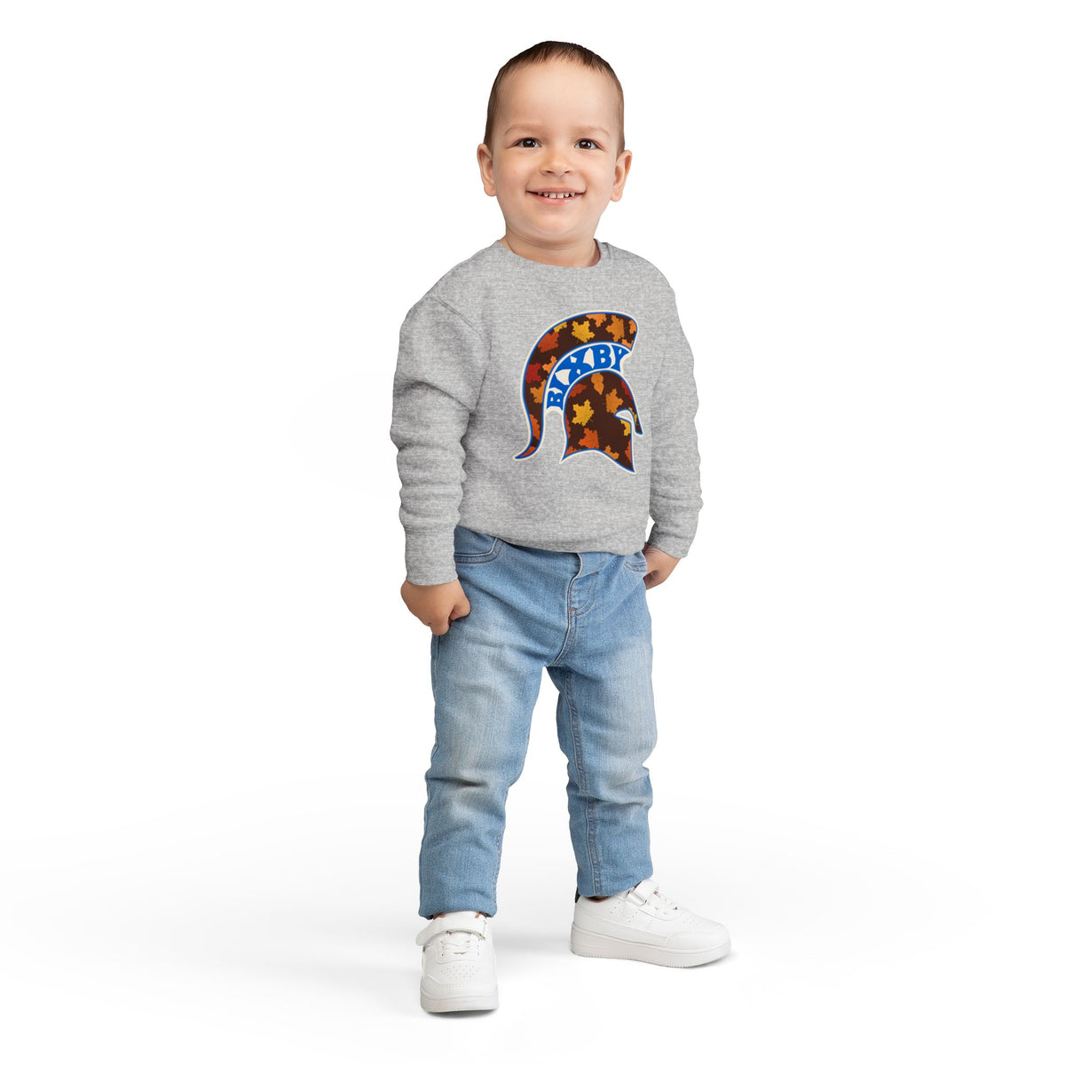 Bixby Spartans Fall Leaves Helmet Toddler Sweatshirt – Little Spartan Autumn Crewneck