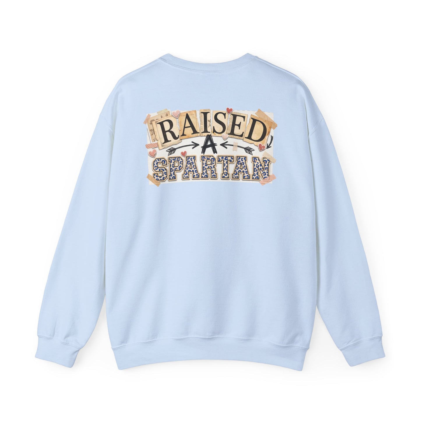 Raised A Spartan Crewneck Gildan Sweatshirt with Spartan Logo