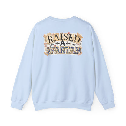 Raised A Spartan Crewneck Gildan Sweatshirt with Spartan Logo