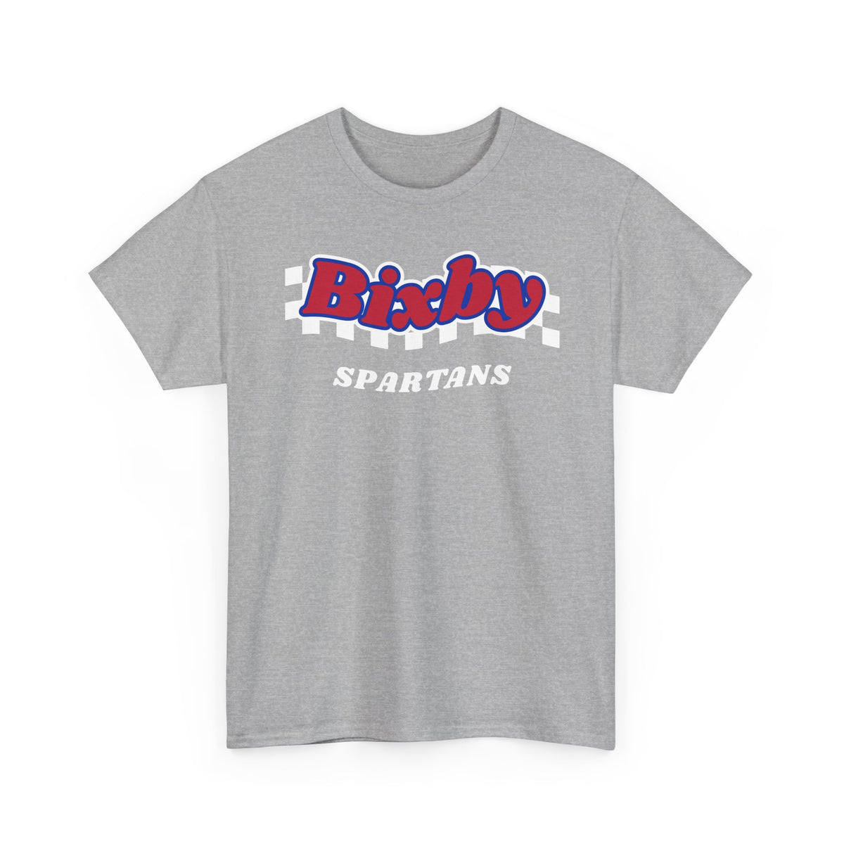 Bixby Spartans Retro Script Checkered Tee – Red, White & Blue Game Day Shirt
