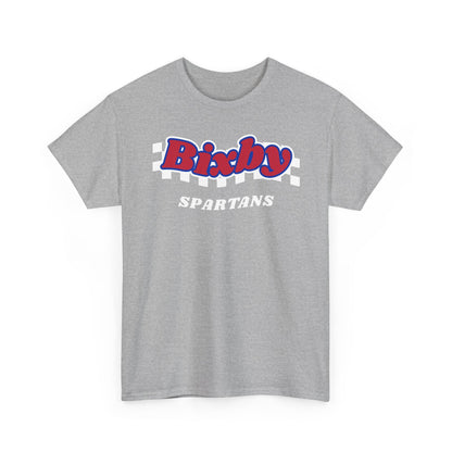 Bixby Spartans Retro Script Checkered Tee – Red, White & Blue Game Day Shirt