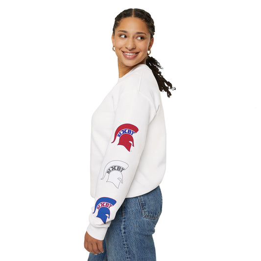 Spartan Logo Red White & Blue Gildan Sleeve Print Sweatshirt