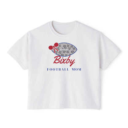 Bixby Spartans Football Mom Women's Boxy Tee – Leopard Football & Bow, Navy Lettering