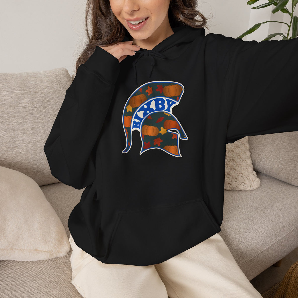 Bixby Spartans Pumpkin Patch Helmet Hoodie – Fall Game Day Hooded Sweatshirt