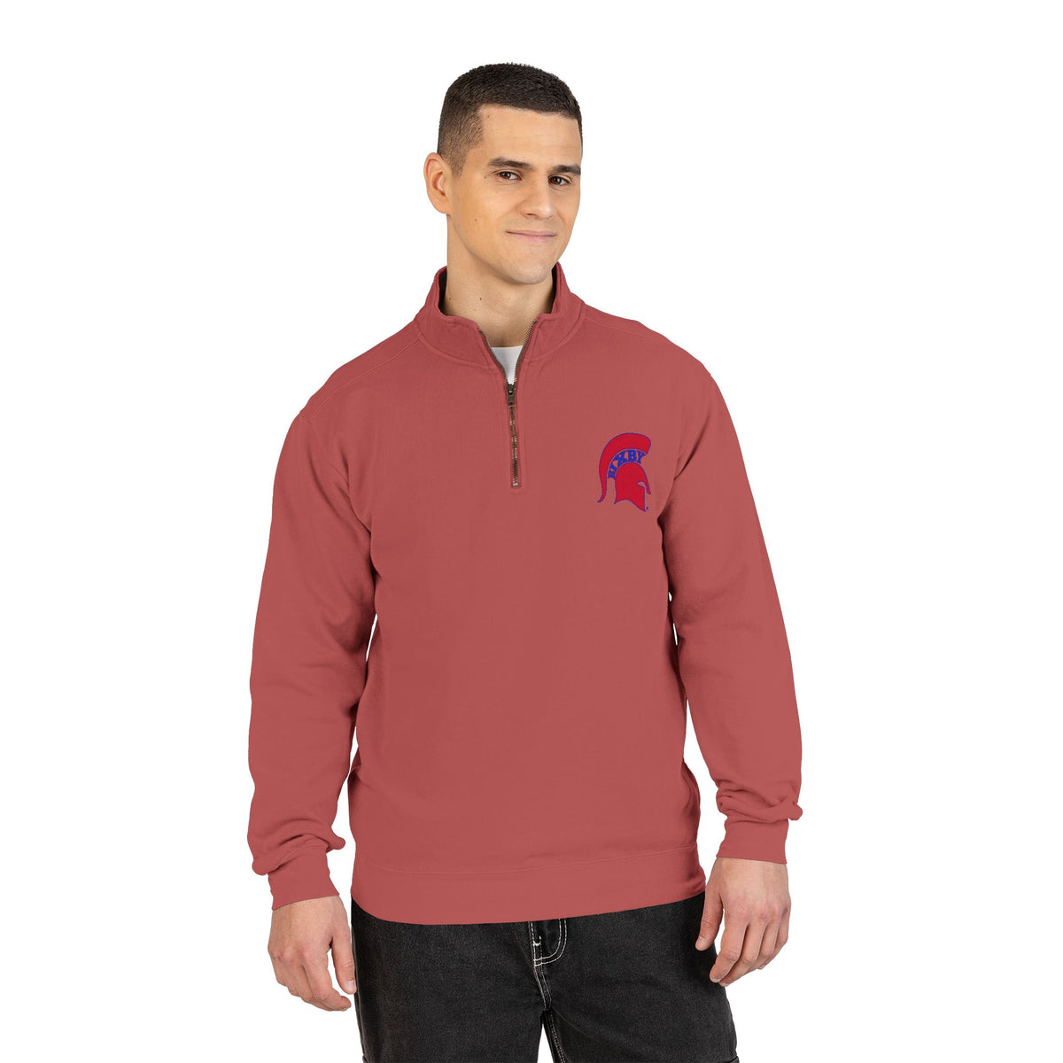 Bixby Spartans Red Helmet Quarter-Zip Pullover Comfort Colors Tee