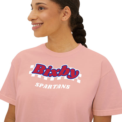 Bixby Spartans White Checker Retro Logo Women's Boxy Tee – Game Day Shirt